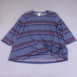 CJ Banks Tunic Top Women's 2X Blue Purple Chevron Ribbed 3/4 Sleeve Knot Hem